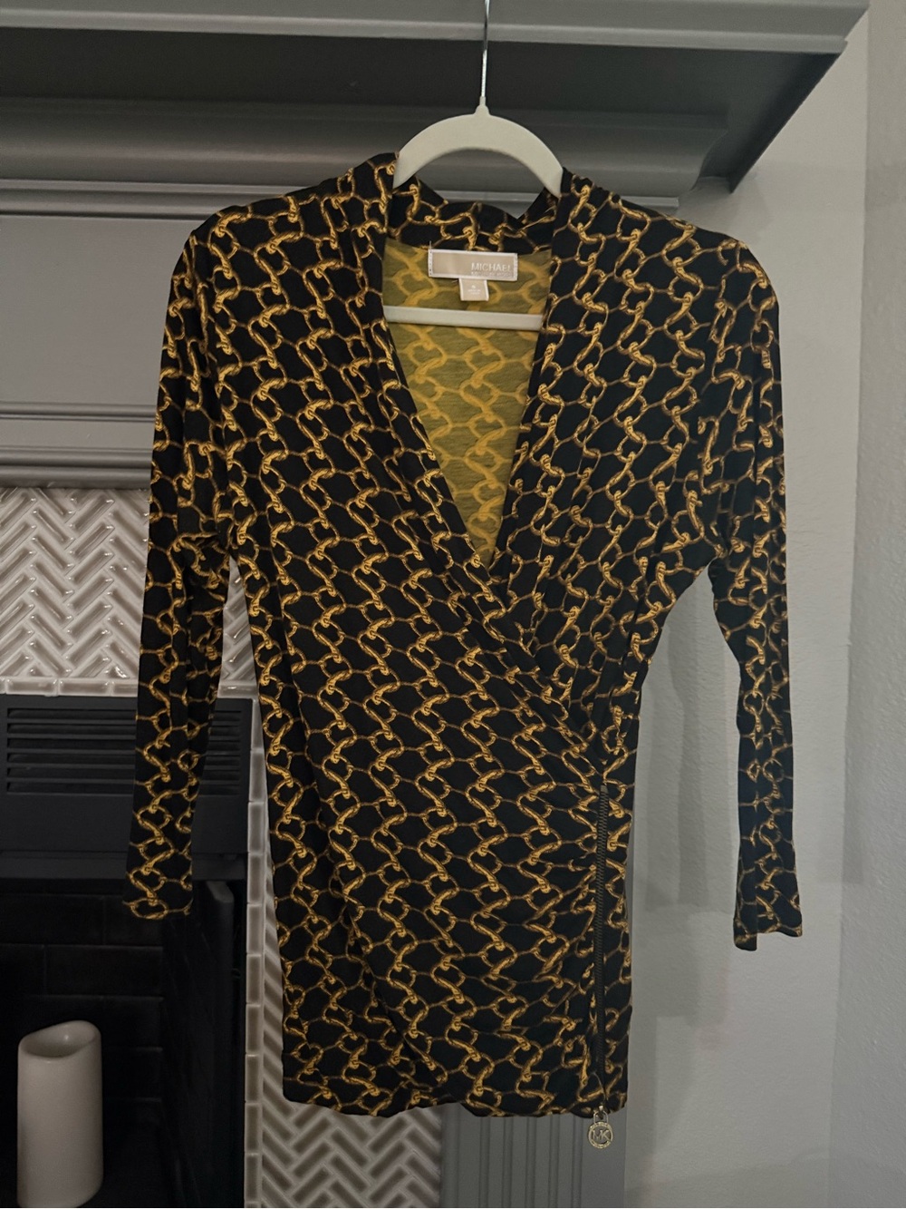 Michael Kors Black & Gold Chain-Print Long Sleeve Wrap Dress